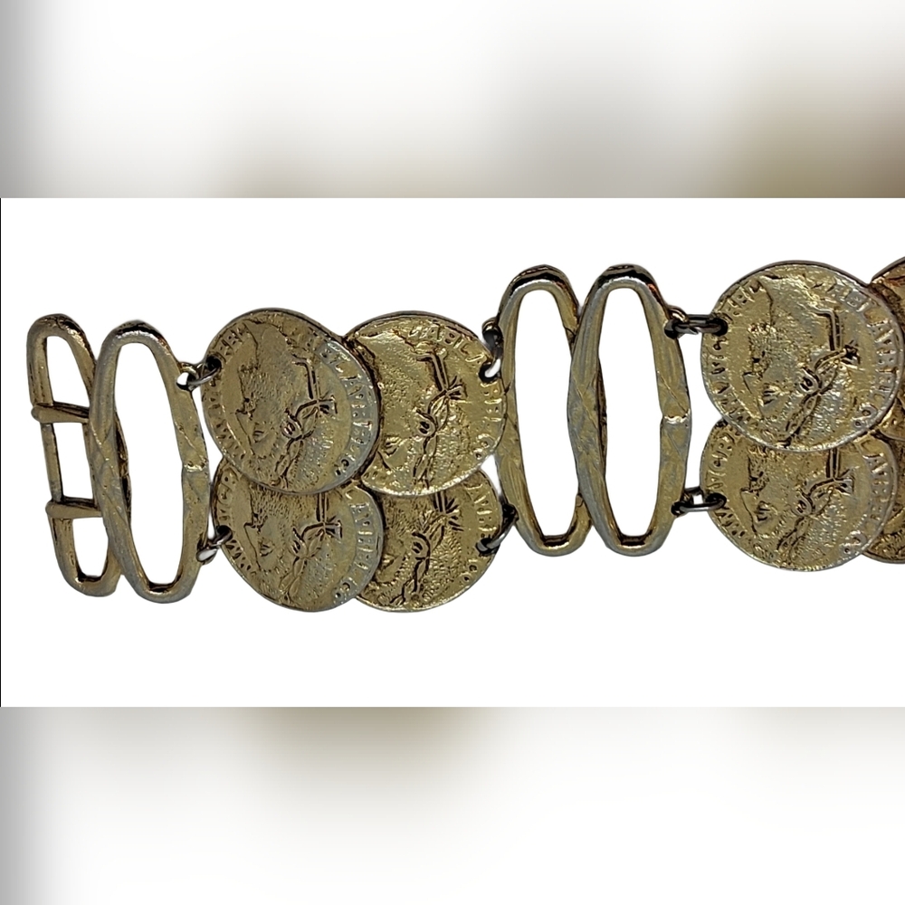 Vintage ART Signed Coin Medallion Bracelet Gold Tone Etruscan Revival - Picture 7 of 11